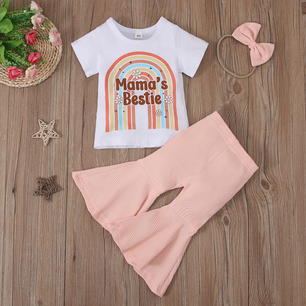 Wholesale Children's MAMA Rainbow Printed Short-sleeved Flared Pants Bow Hair Rope Three-piece Set